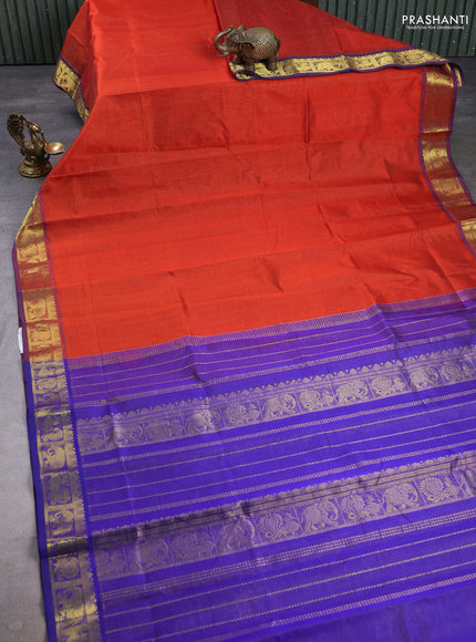 Silk cotton saree orange and blue with allover vairaosi pattern and zari woven border