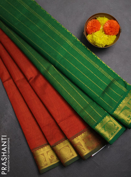 Silk cotton saree rust shade and green with allover vairaosi pattern and zari woven border