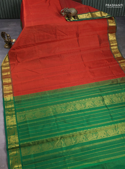 Silk cotton saree rust shade and green with allover vairaosi pattern and zari woven border