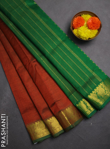 Silk cotton saree rust and green with allover vairaosi pattern and zari woven border