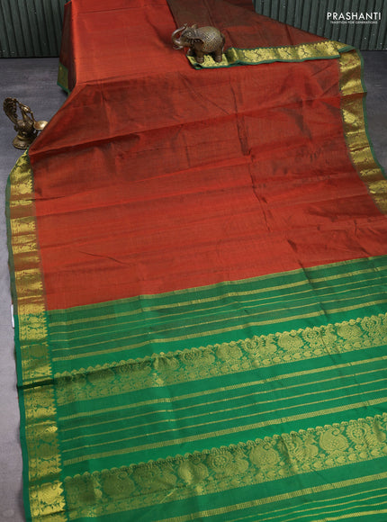 Silk cotton saree rust and green with allover vairaosi pattern and zari woven border