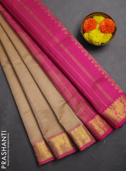 Silk cotton saree sandal and pink with allover vairaosi pattern and zari woven border