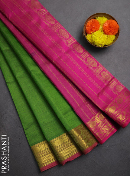 Silk cotton saree mehendi green and pink with allover vairaosi pattern and zari woven border