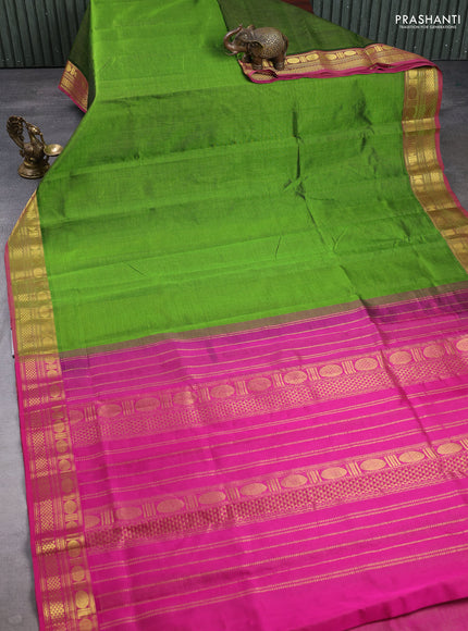 Silk cotton saree mehendi green and pink with allover vairaosi pattern and zari woven border