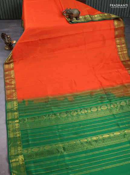 Silk cotton saree orange and green with allover vairaosi pattern and zari woven border