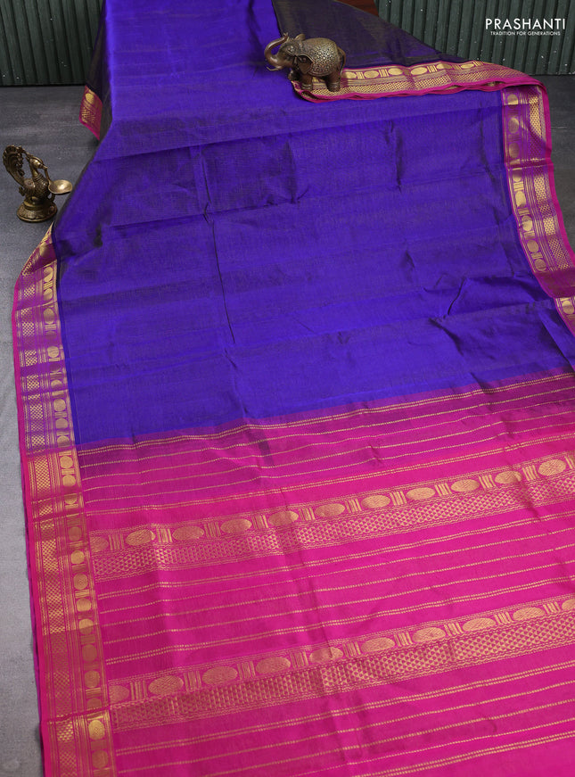 Silk cotton saree blue and pink with allover vairaosi pattern and zari woven border