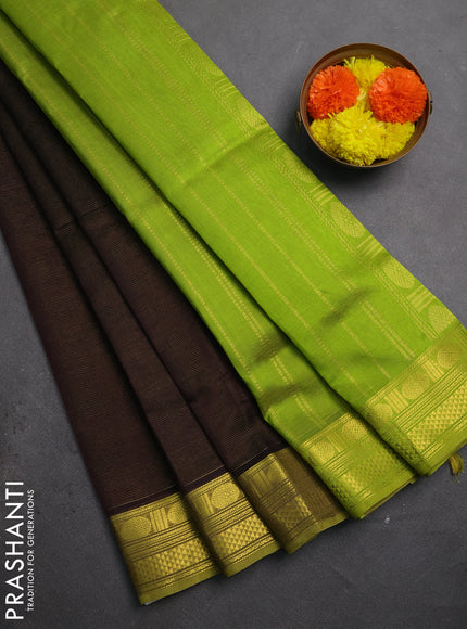 Silk cotton saree coffee brown and light green with allover vairaosi pattern and zari woven border