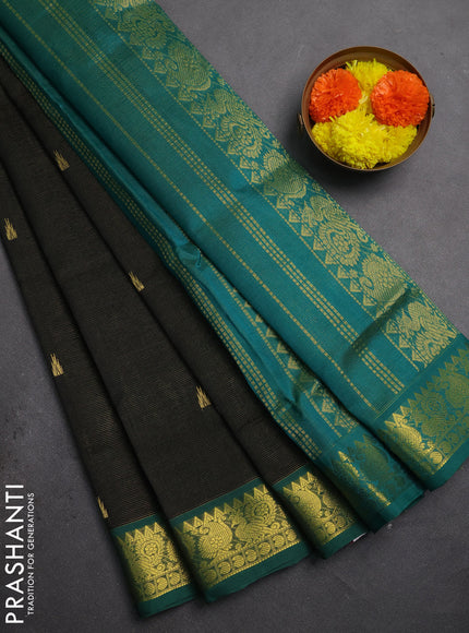Silk cotton saree black and green with allover vairaosi pattern & buttas and zari woven border
