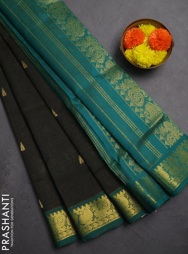 Silk cotton saree black and green with allover vairaosi pattern & buttas and zari woven border