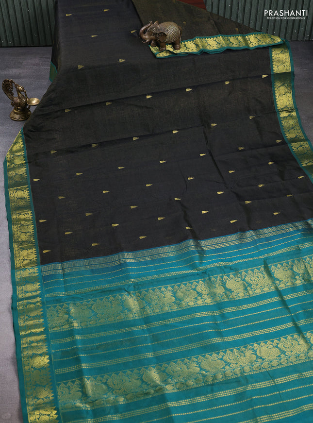 Silk cotton saree black and green with allover vairaosi pattern & buttas and zari woven border