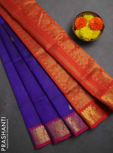 Silk cotton saree blue and orange with allover vairaosi pattern & buttas and zari woven border