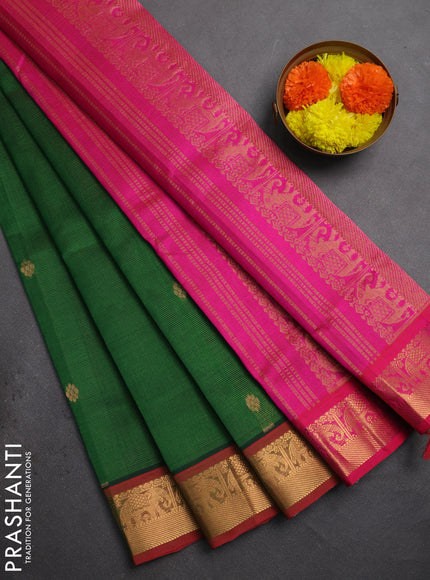 Silk cotton saree green and pink with allover vairaosi pattern & buttas and zari woven border