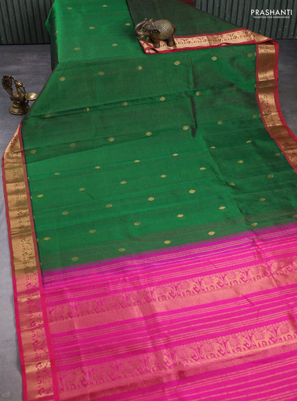 Silk cotton saree green and pink with allover vairaosi pattern & buttas and zari woven border