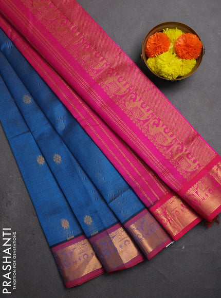 Silk cotton saree cs blue and pink with allover vairaosi pattern & buttas and zari woven border