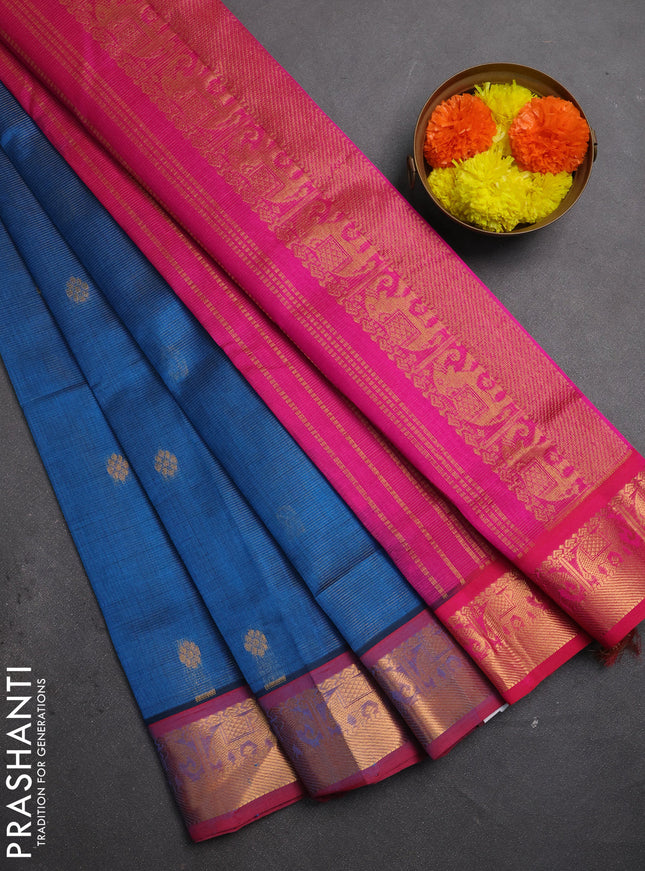 Silk cotton saree cs blue and pink with allover vairaosi pattern & buttas and zari woven border