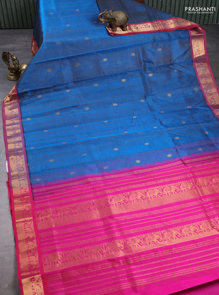 Silk cotton saree cs blue and pink with allover vairaosi pattern & buttas and zari woven border