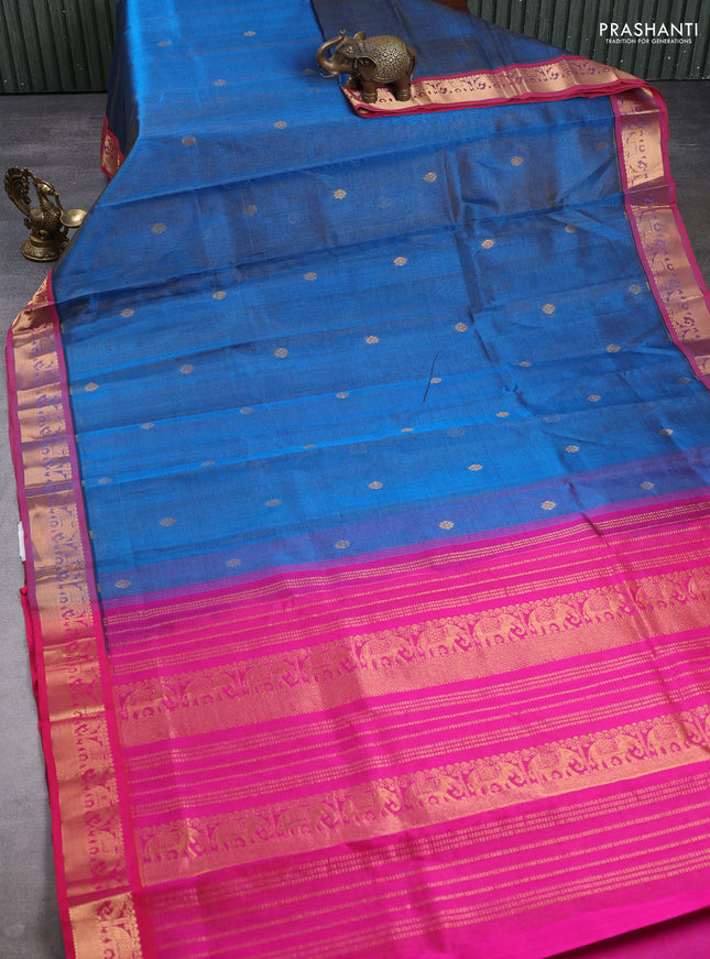 Silk cotton saree cs blue and pink with allover vairaosi pattern & buttas and zari woven border