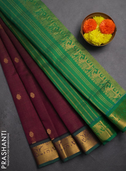 Silk cotton saree deep purple and green with allover vairaosi pattern & buttas and zari woven border