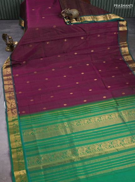Silk cotton saree deep purple and green with allover vairaosi pattern & buttas and zari woven border