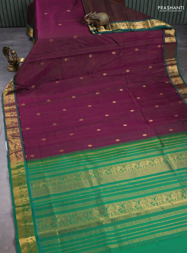 Silk cotton saree deep purple and green with allover vairaosi pattern & buttas and zari woven border