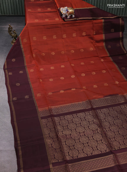 Pure soft silk saree rustic orange and deep maroon with zari woven buttas and rettapet zari woven border