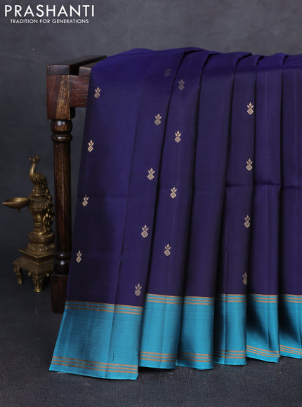 Pure soft silk saree navy blue and teal blue with zari woven buttas and rettapet zari woven border