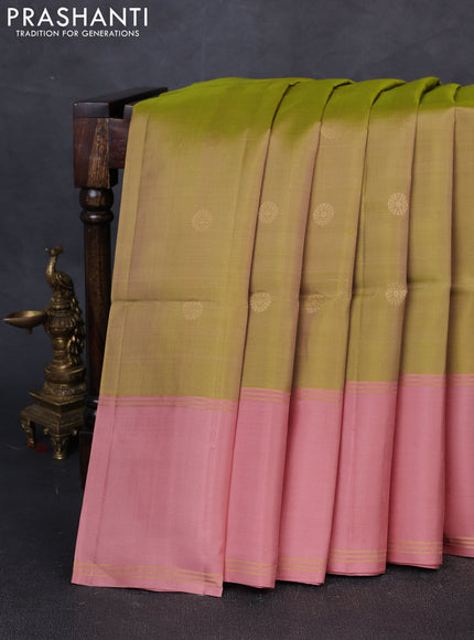 Pure soft silk saree lime green and pastel pink with zari woven buttas and rettapet zari woven border