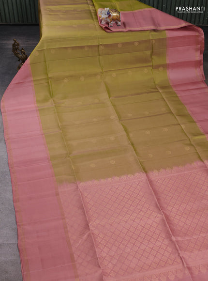 Pure soft silk saree lime green and pastel pink with zari woven buttas and rettapet zari woven border