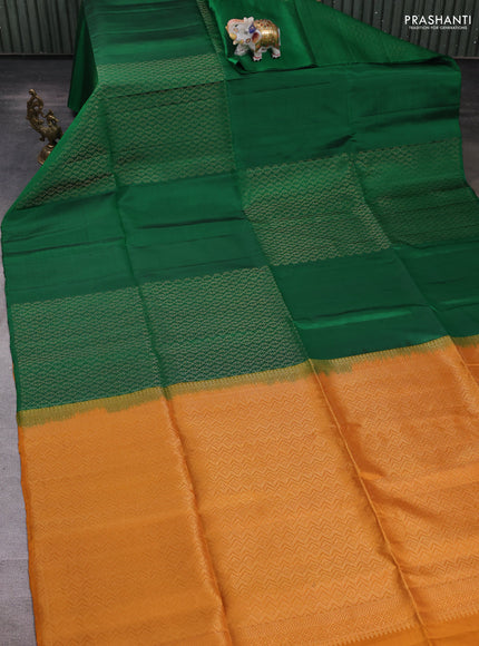 Pure soft silk saree green and mustard yellow with allover zari weaves in borderless style