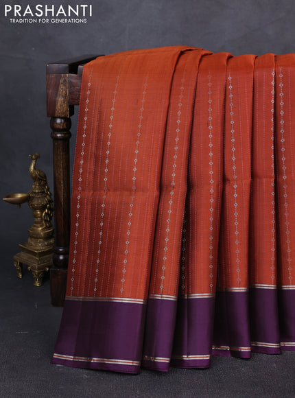 Pure soft silk saree rust shade and deep purple with allover silver zari weaves and rettapet zari woven border