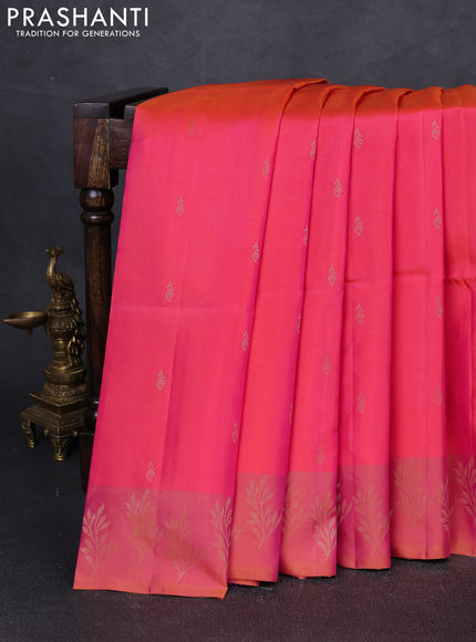Pure soft silk saree dual shade of pinkish orange and mustard yellow with zari woven buttas and zari woven butta border