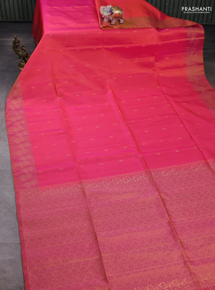 Pure soft silk saree dual shade of pinkish orange and mustard yellow with zari woven buttas and zari woven butta border