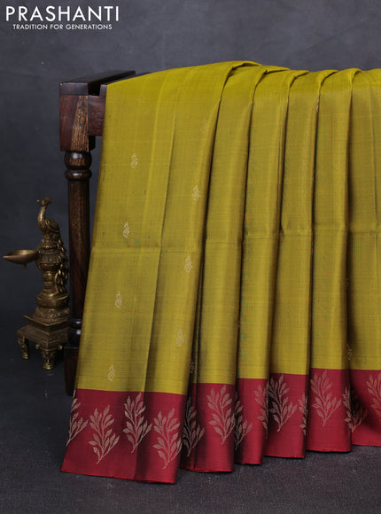 Pure soft silk saree mehendi green and maroon with zari woven buttas and zari woven butta border