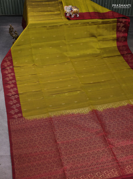 Pure soft silk saree mehendi green and maroon with zari woven buttas and zari woven butta border