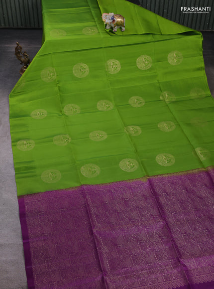 Pure soft silk saree light green and purple with zari woven buttas in borderless style