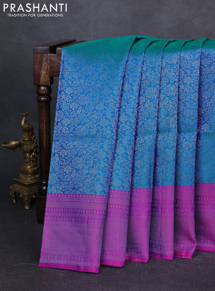 Pure soft silk saree peacock blue and purple with allover zari woven brocade pattern and zari woven border