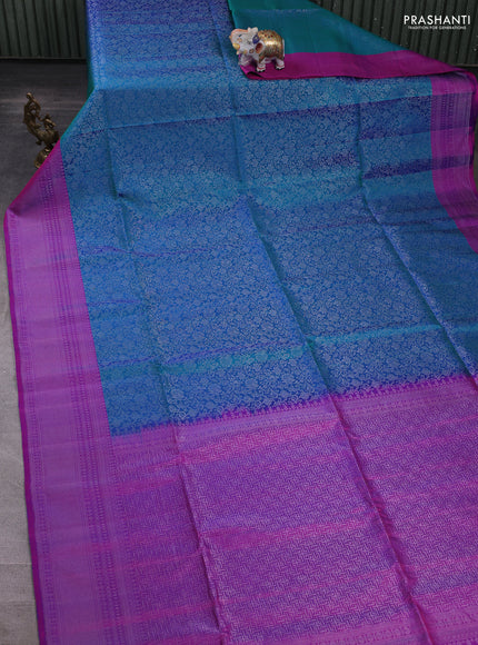 Pure soft silk saree peacock blue and purple with allover zari woven brocade pattern and zari woven border