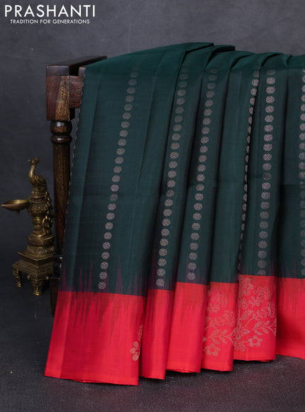 Pure soft silk saree bottle green and dual shade of pinkish orange with allover zari woven buttas and zari woven butta border