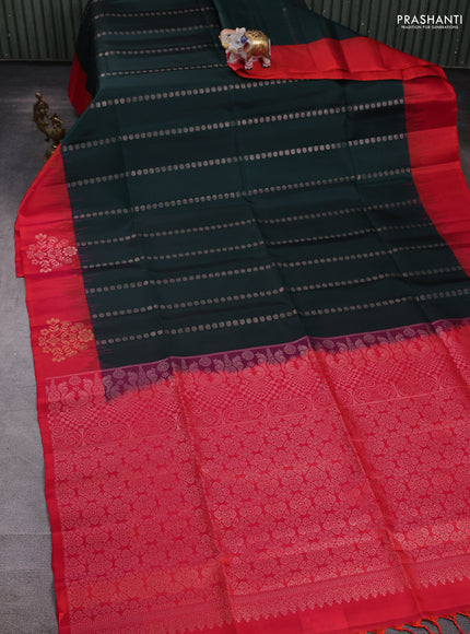 Pure soft silk saree bottle green and dual shade of pinkish orange with allover zari woven buttas and zari woven butta border
