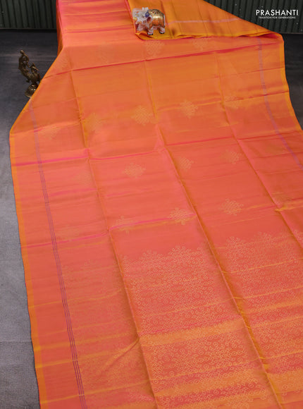 Pure soft silk saree dual shade of pinkish yellow with zari woven rangoli buttas and zari woven border