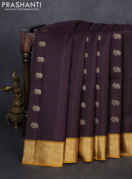 Pure soft silk saree deep jamun and mustard yellow with zari woven buttas and zari woven border
