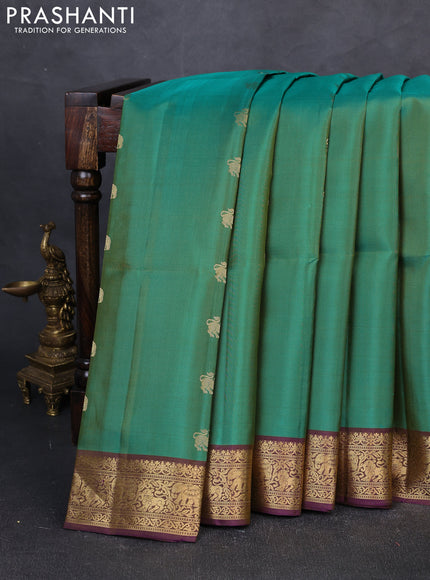 Pure soft silk saree teal green and violet with zari woven elephant zari woven buttas and zari woven border