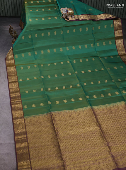 Pure soft silk saree teal green and violet with zari woven elephant zari woven buttas and zari woven border