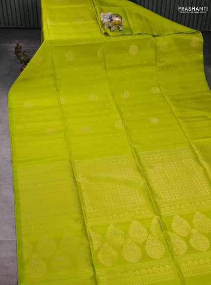 Pure soft silk saree fluorescent green with zari woven buttas & jute finished in borderless style