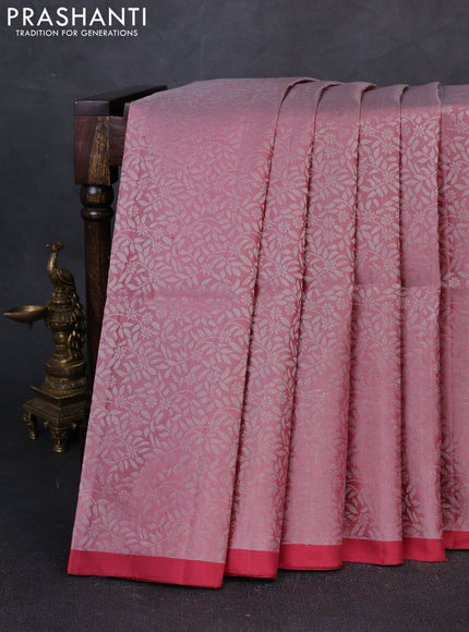 Pure soft silk saree pastel pink and maroon with allover silver zari woven brocade weaves and simple border