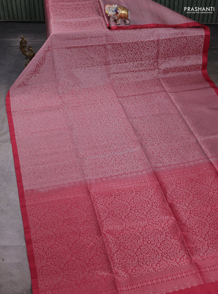 Pure soft silk saree pastel pink and maroon with allover silver zari woven brocade weaves and simple border