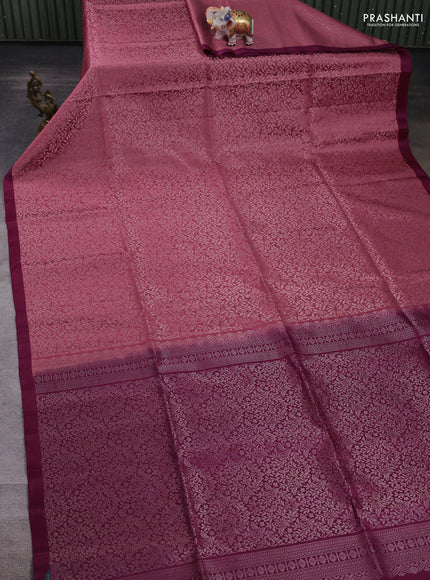 Pure soft silk saree mauve pink and purple with allover silver zari woven brocade weaves and simple border