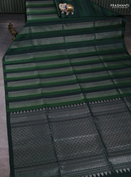 Pure soft silk saree bottle green with allover silver zari weaves in borderless style