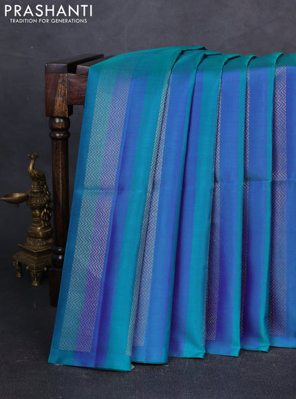 Pure soft silk saree dual shade of teal green with allover silver zari weaves in borderless style
