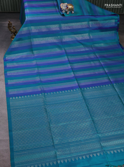 Pure soft silk saree dual shade of teal green with allover silver zari weaves in borderless style